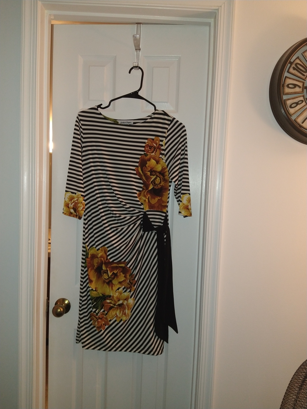 Shelby & Palmer Black and White Striped Midi Dress with Yellow Floral Print
